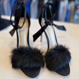 Alexandre Birman Satin Clarita Rabbit Fur Heels Size 38
